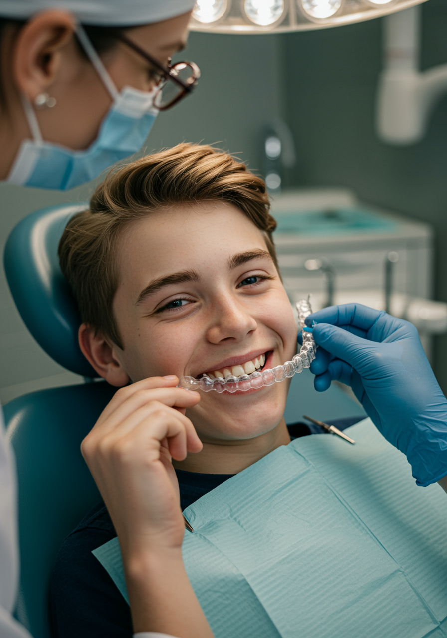 "Adolescente sonriente con alineadores transparentes en silla dental moderna, mientras un ortodoncista ajusta el tratamiento en un entorno clínico limpio."