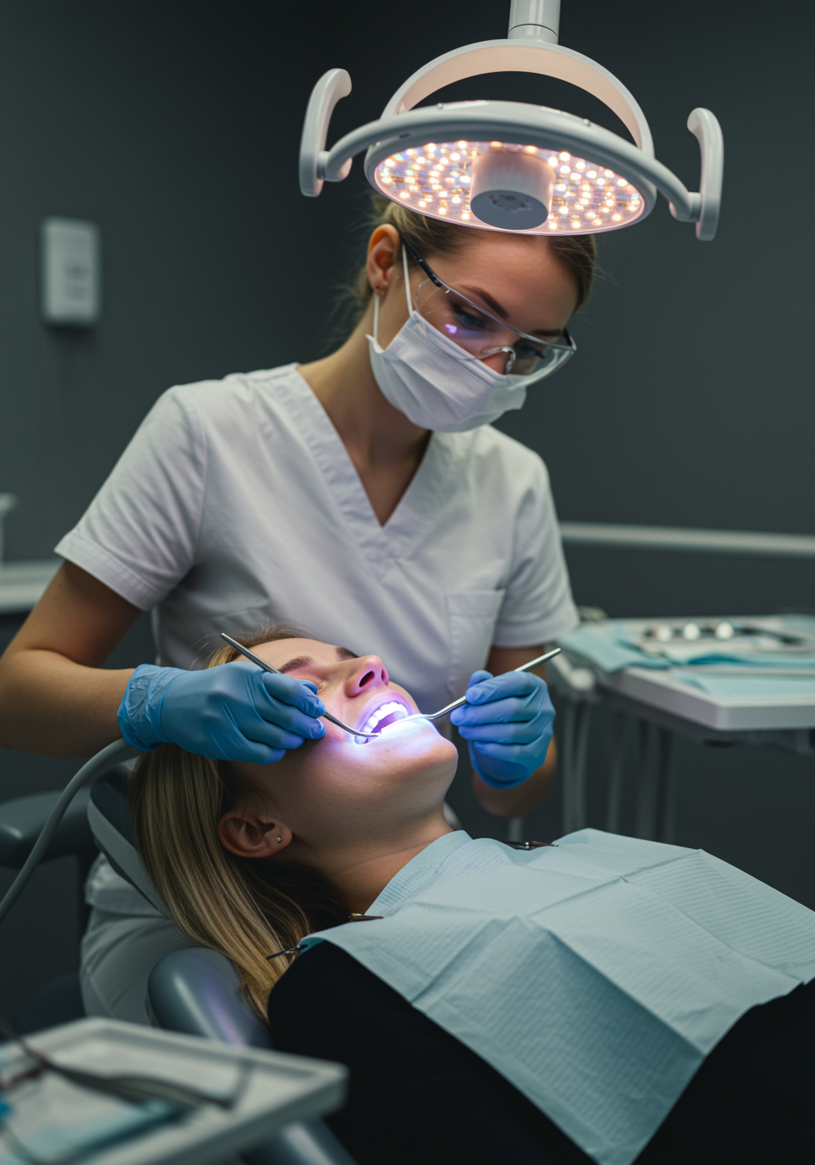 "Tratamiento profesional de blanqueamiento dental en clínica moderna con mujer adulta y higienista dental, resaltando dientes blancos y saludables."