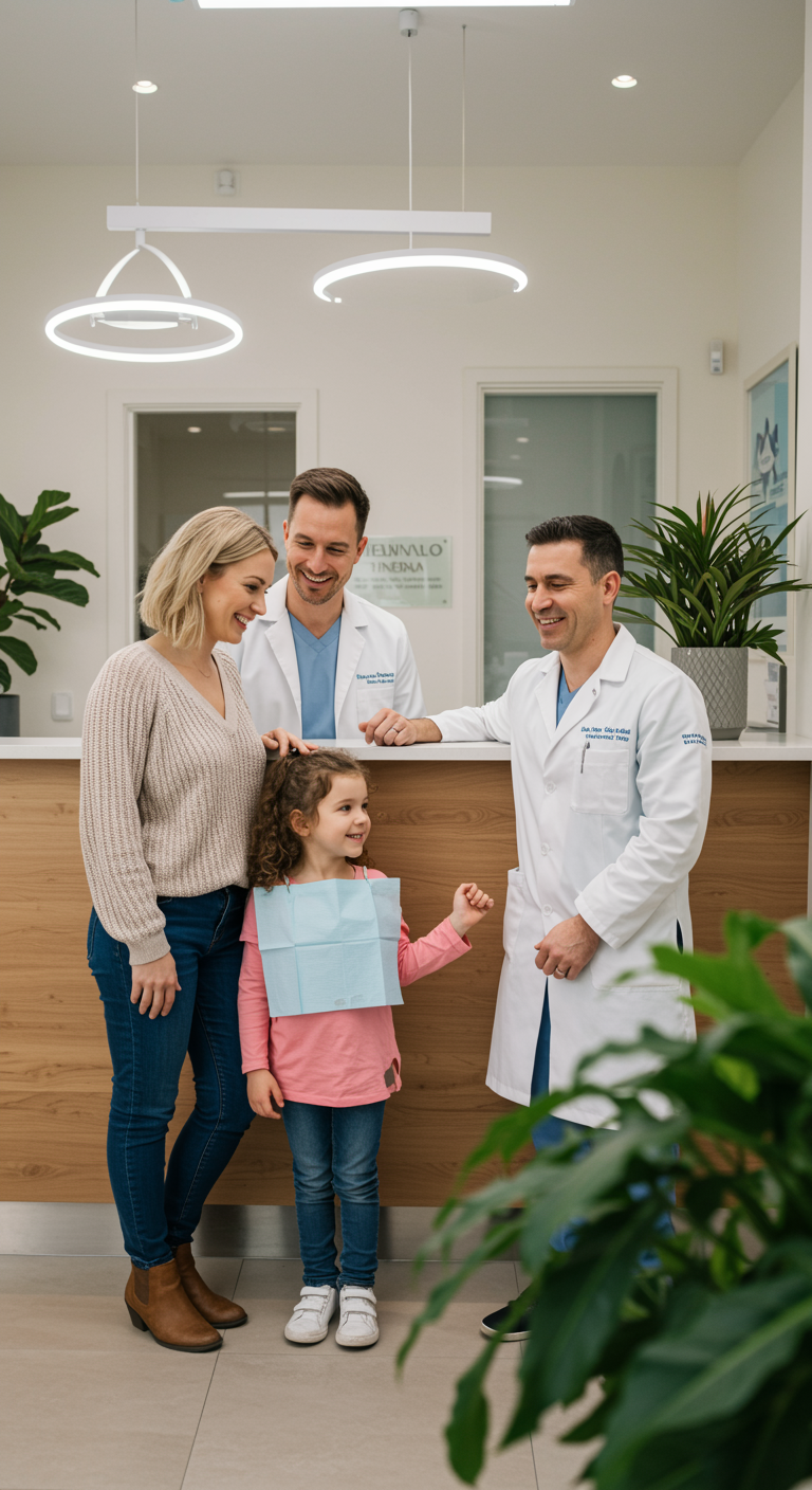 "Recepción luminosa de una clínica dental moderna con una familia sonriente y un dentista amistoso, transmitiendo confianza y cuidado."