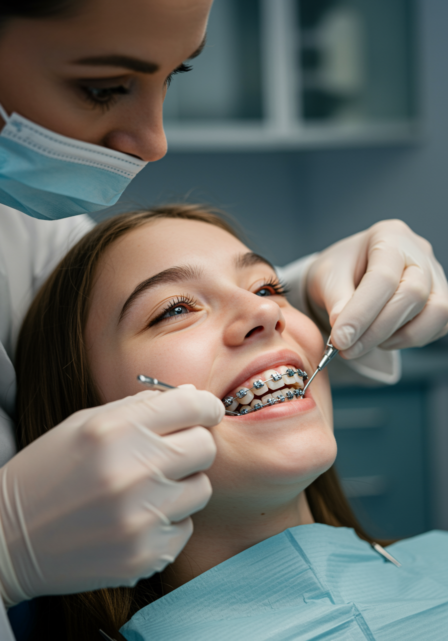 "Ortodontista mujer blanca coloca frenillos metálicos a una adolescente sonriente en un consultorio dental moderno y bien iluminado."