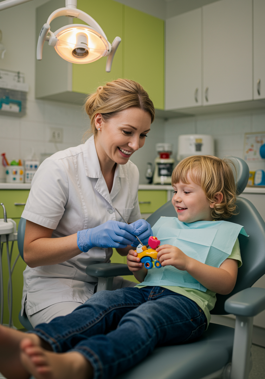 "Odontopediatra blanca sonriente y niño paciente jugando con juguete dental en clínica infantil colorida, reflejando confianza y comodidad en la atención dental pediátrica."