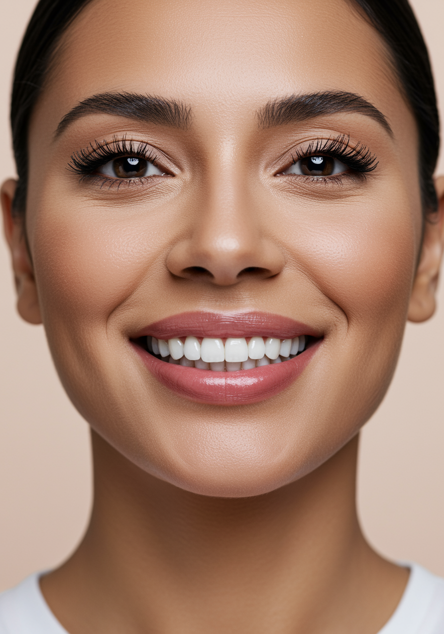 "Mujer adulta blanca sonriente con dientes alineados y brillantes tras un tratamiento dental estético, sobre fondo pastel que resalta la estética de la odontología cosmética."