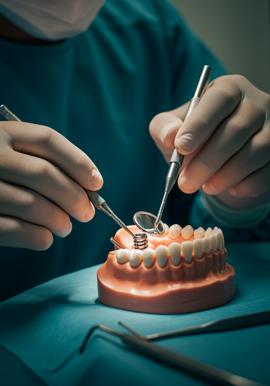"Cirujano oral masculino en guantes estériles colocando un implante dental en un modelo de mandíbula realista en un entorno quirúrgico moderno."