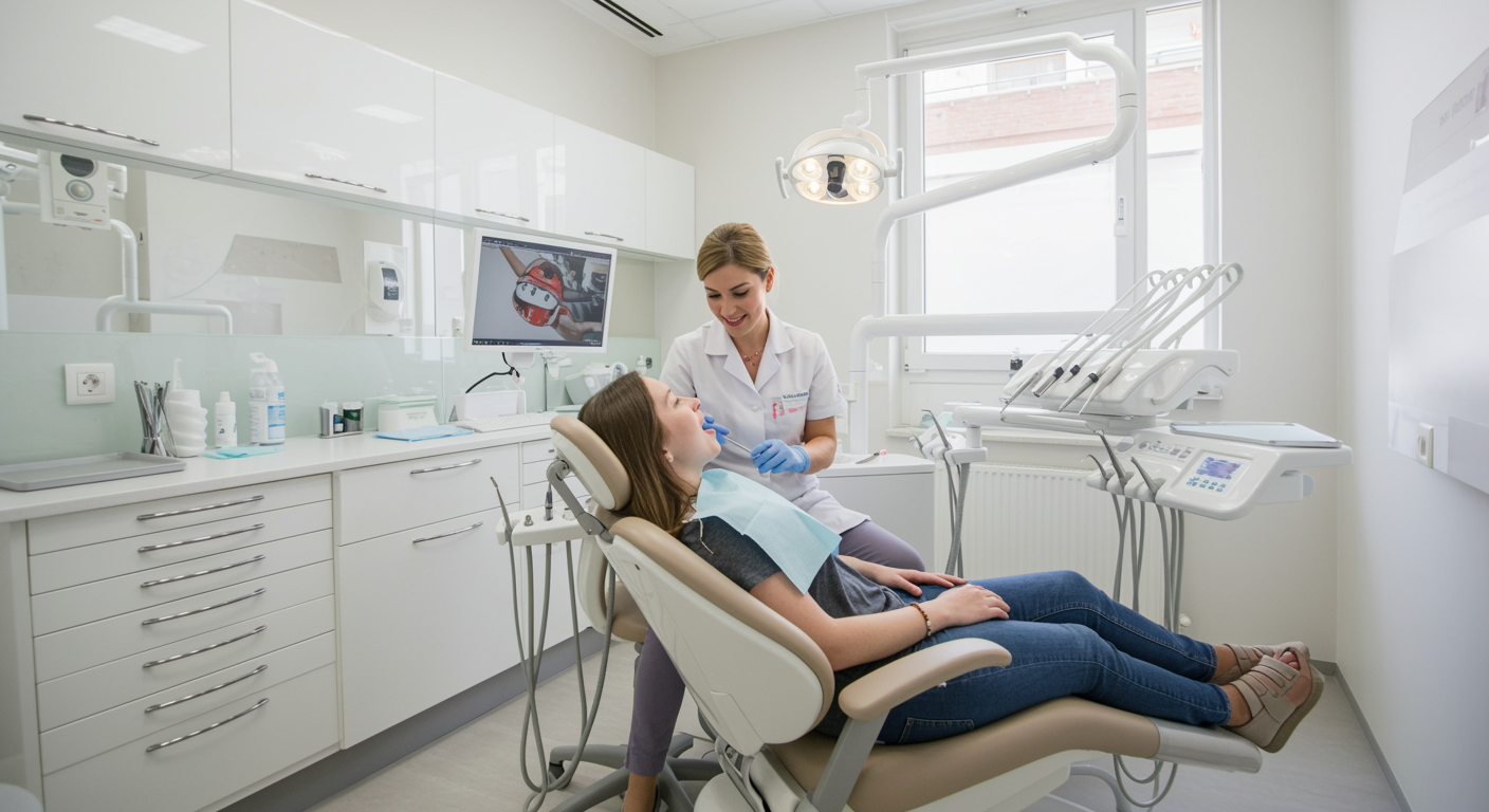 "Consulta de ortodoncia moderna en Vallirana, Barcelona, con una ortodoncista evaluando a una paciente en un ambiente luminoso y profesional."