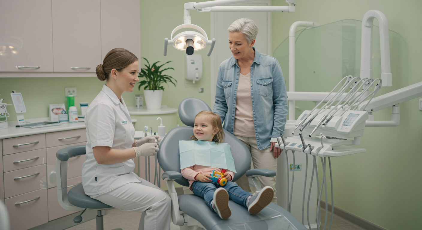 "Recepción luminosa y acogedora de una clínica dental moderna, donde una dentista sonriente atiende a un niño paciente en un ambiente higiénico y amigable."