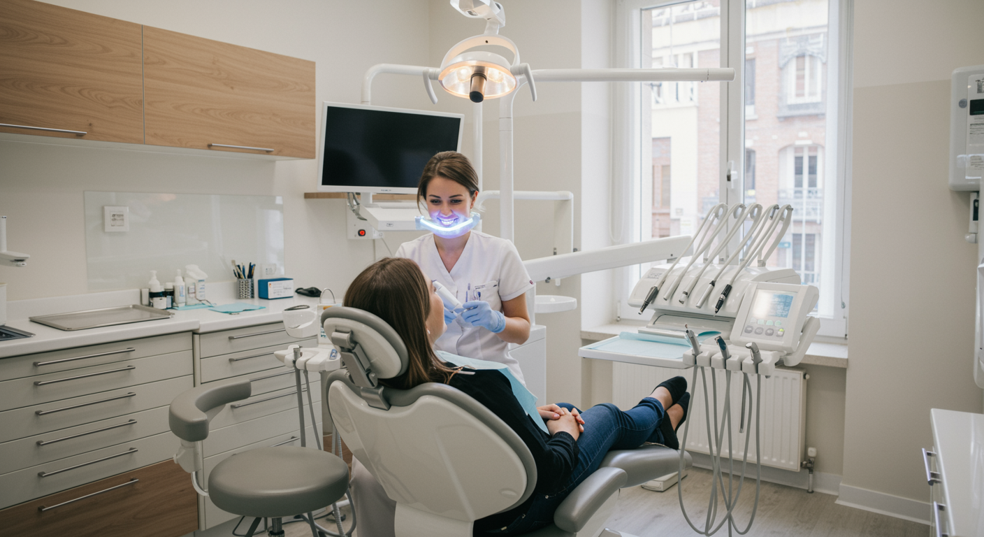 "Consulta dental moderna en Vallirana, Barcelona, con paciente sonriente y dentista utilizando equipo de blanqueamiento dental en un ambiente luminoso y acogedor."